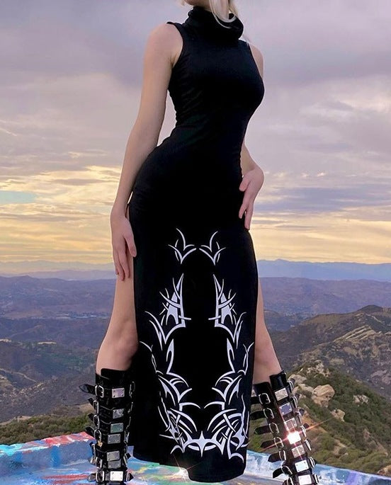 Dark-Themed Sleeveless High-Neck Fitted High-Slit Maxi Dress