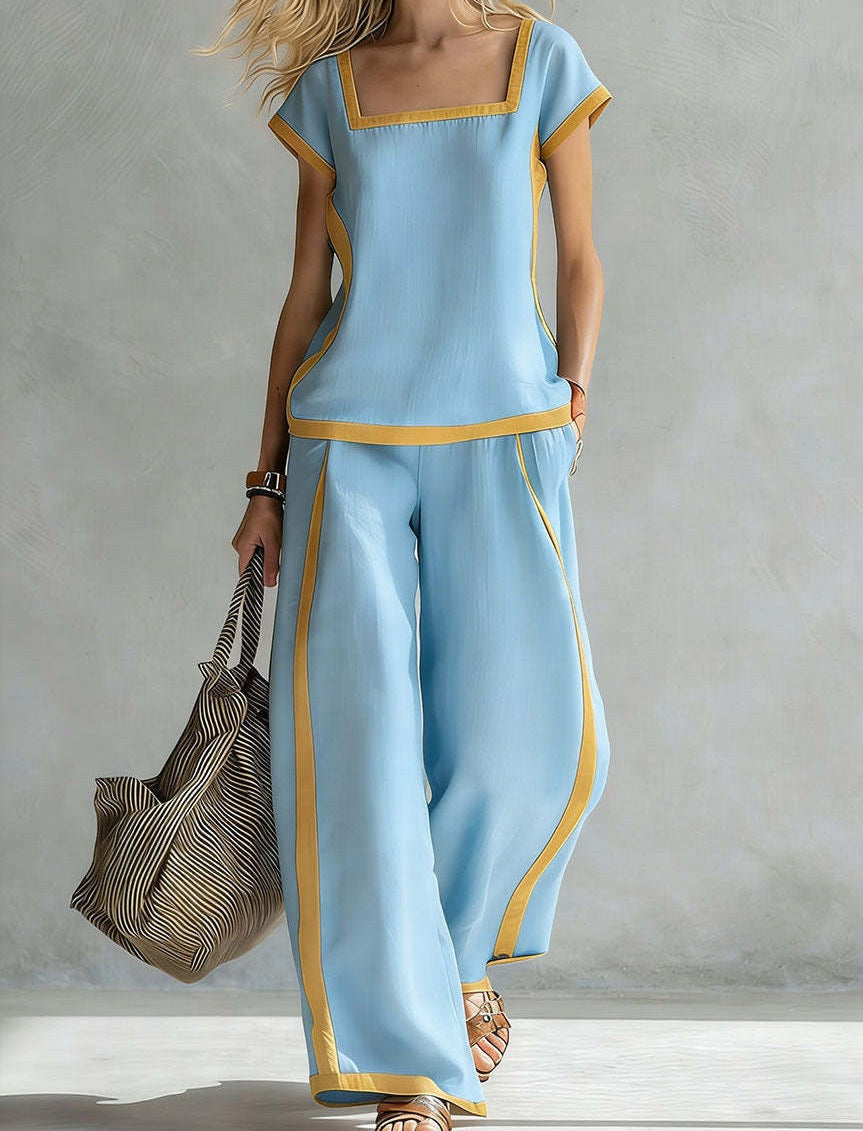 Women's Summer Color Block Top and Wide-Leg Pants Two-Piece Matching Set