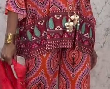 Women's Printed V-Neck Long Sleeve Top and Casual Pants Two-Piece Set