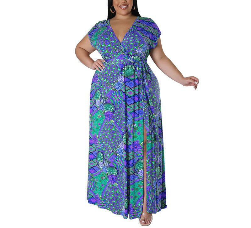 Women's Bohemian Mia V-Neck Summer Maxi Dress – Plus Size, Short Sleeves, Slit & Flowing Swing Skirt