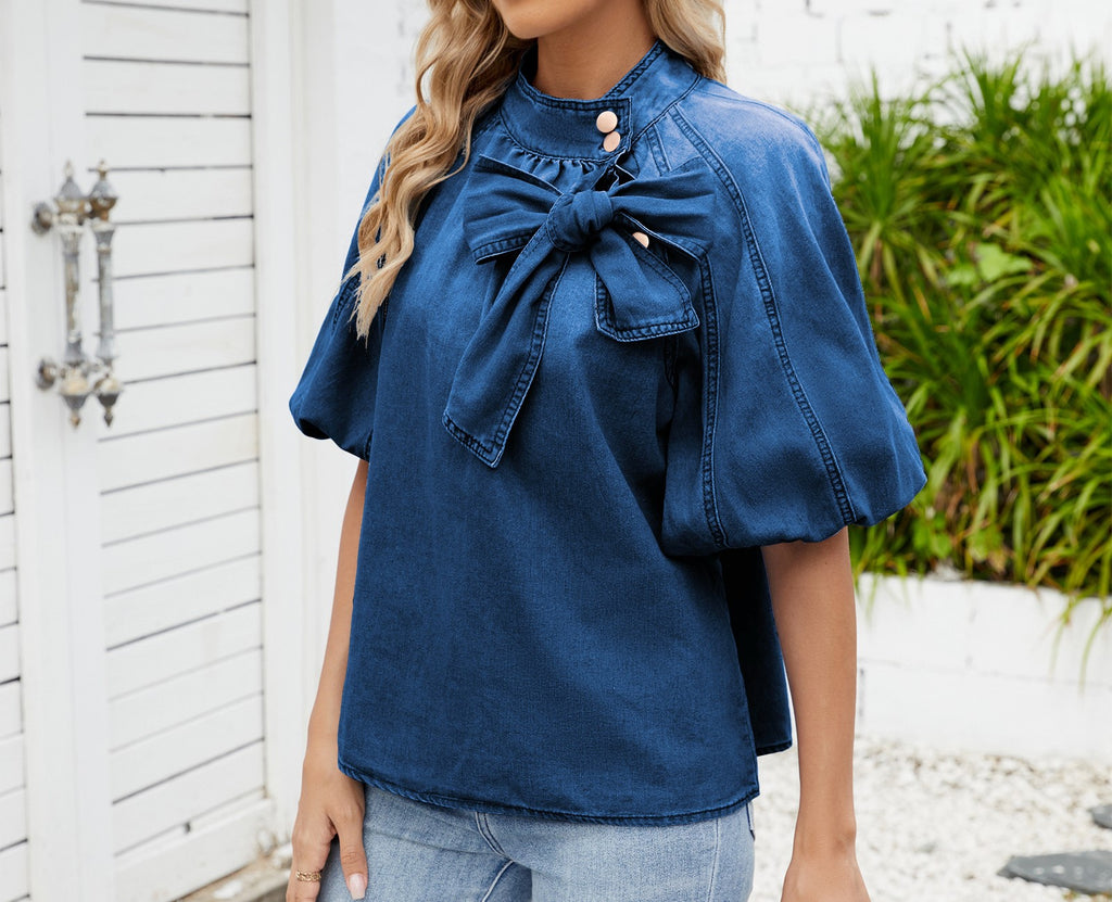 Spring New Women's Denim Shirt - Loose Fit, Tie Neckline, Bow Tie Top