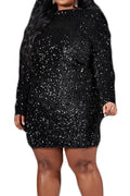 Women Elegant Sequins Decorated Round Neck Long Sleeve Above Knee Length Party Dress