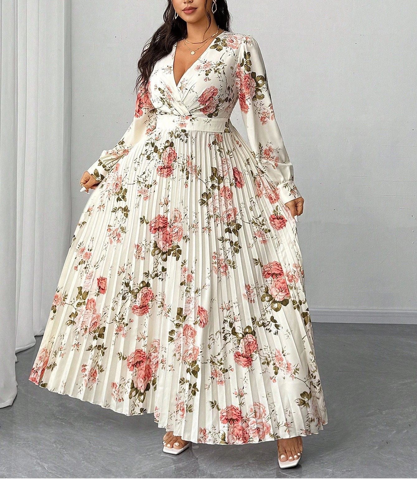 Floral Print Plus Size Long Dress for Women V-Neck Long Sleeve Pleated Waist-Defining Maxi Dress