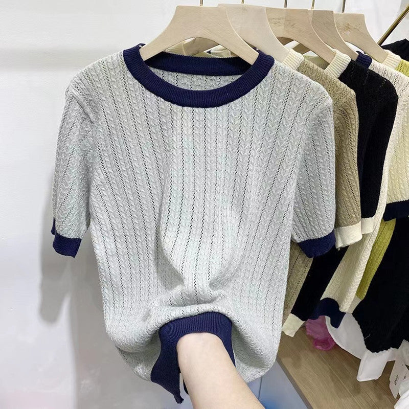 New Summer Color-Blocked Soft Knit Short-Sleeve Sweater for Women