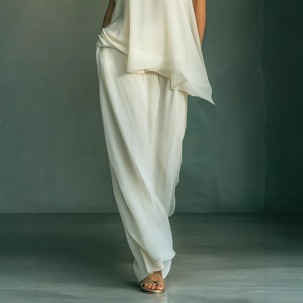 Women's Casual Loose Sleeveless Solid Color Top with Wide-Leg Pants Two-Piece Outfit Set