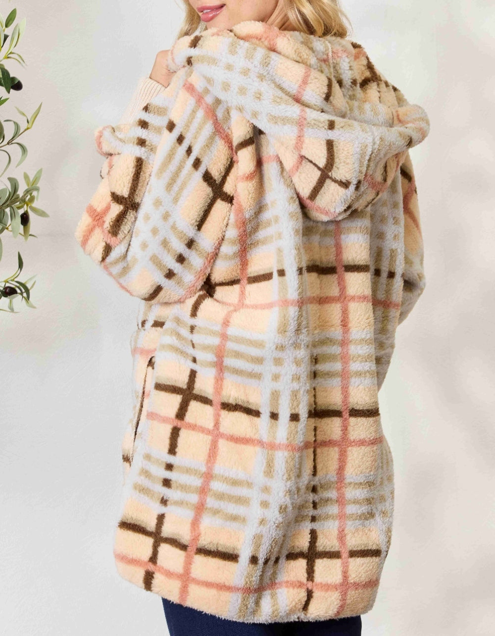 Women's H&T Checked Faux Fur Hooded Jacket