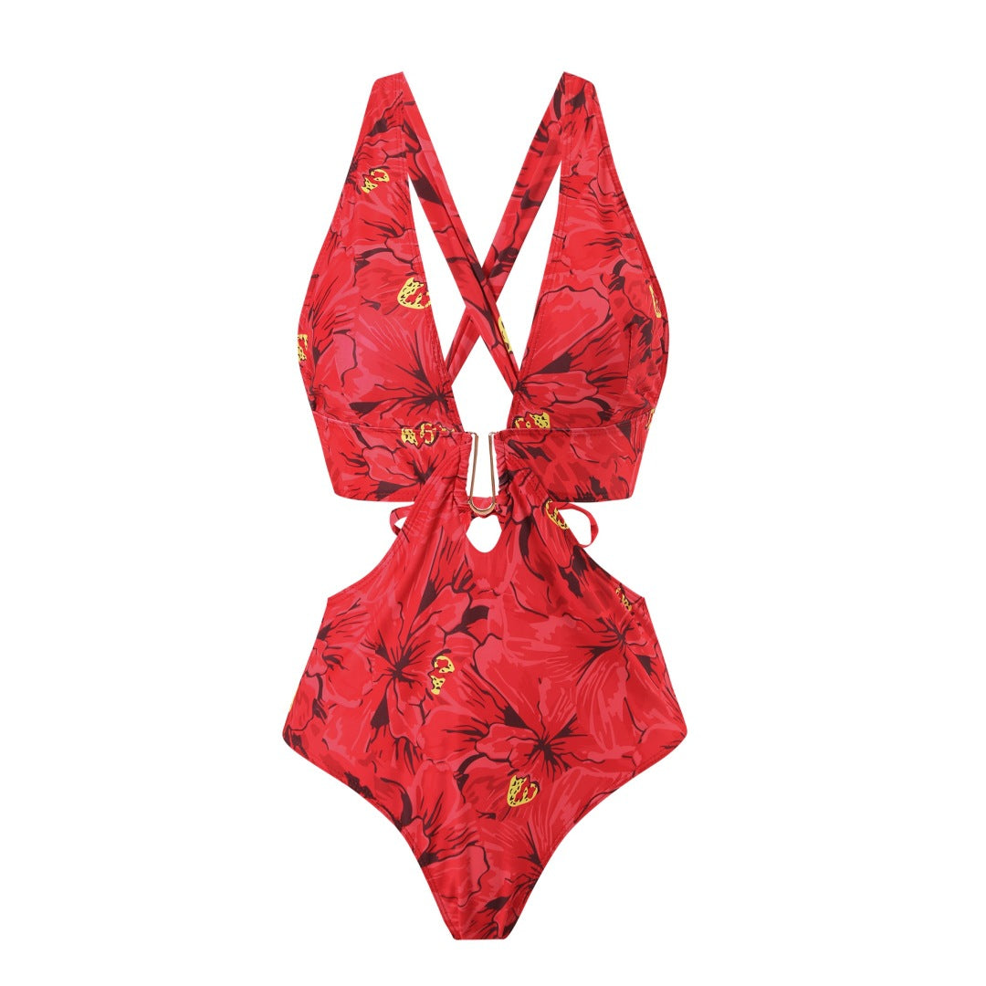 New Style Bikini Digital Print Hollowed-Out Deep V Mesh Set - Beach & Sun Protection