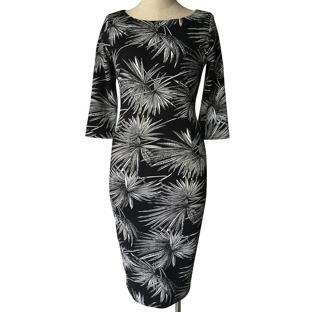 Women Summer Round Neck Firework Print Pencil Dress