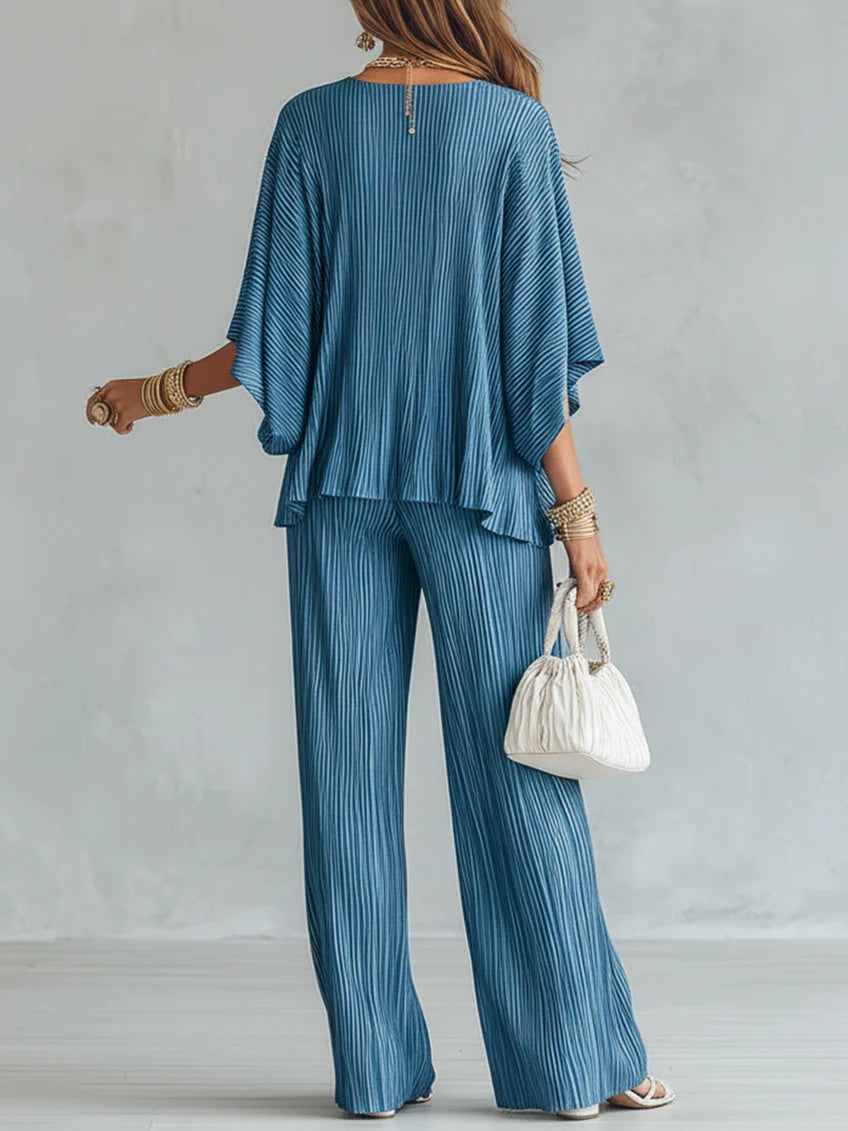Women's Cotton Linen Blend Long-Sleeve Half-Button Top and Pleated Wide-Leg Pants Two-Piece Set