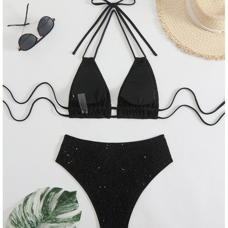 New Solid Color Drawstring Halter Neck Bikini High-Waisted Two-Piece Swimsuit