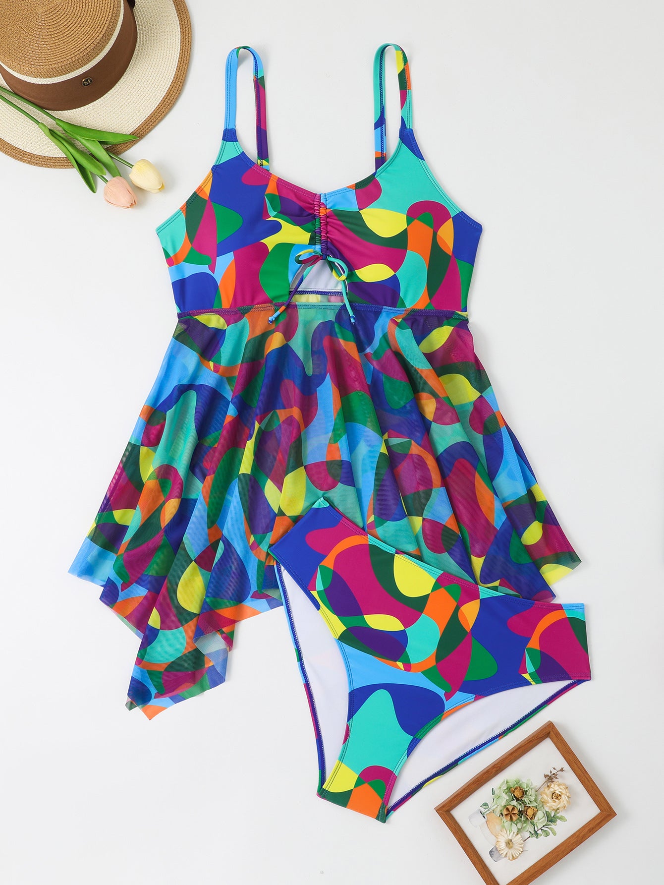 Plus-Size Two-Piece Swimsuit with Mesh Skirt