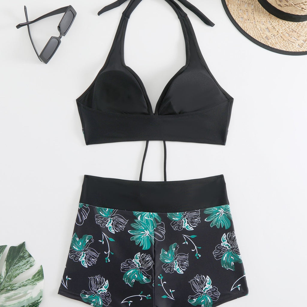 New Women's Split High-Waist Printed Bikini with Boxer Bottoms