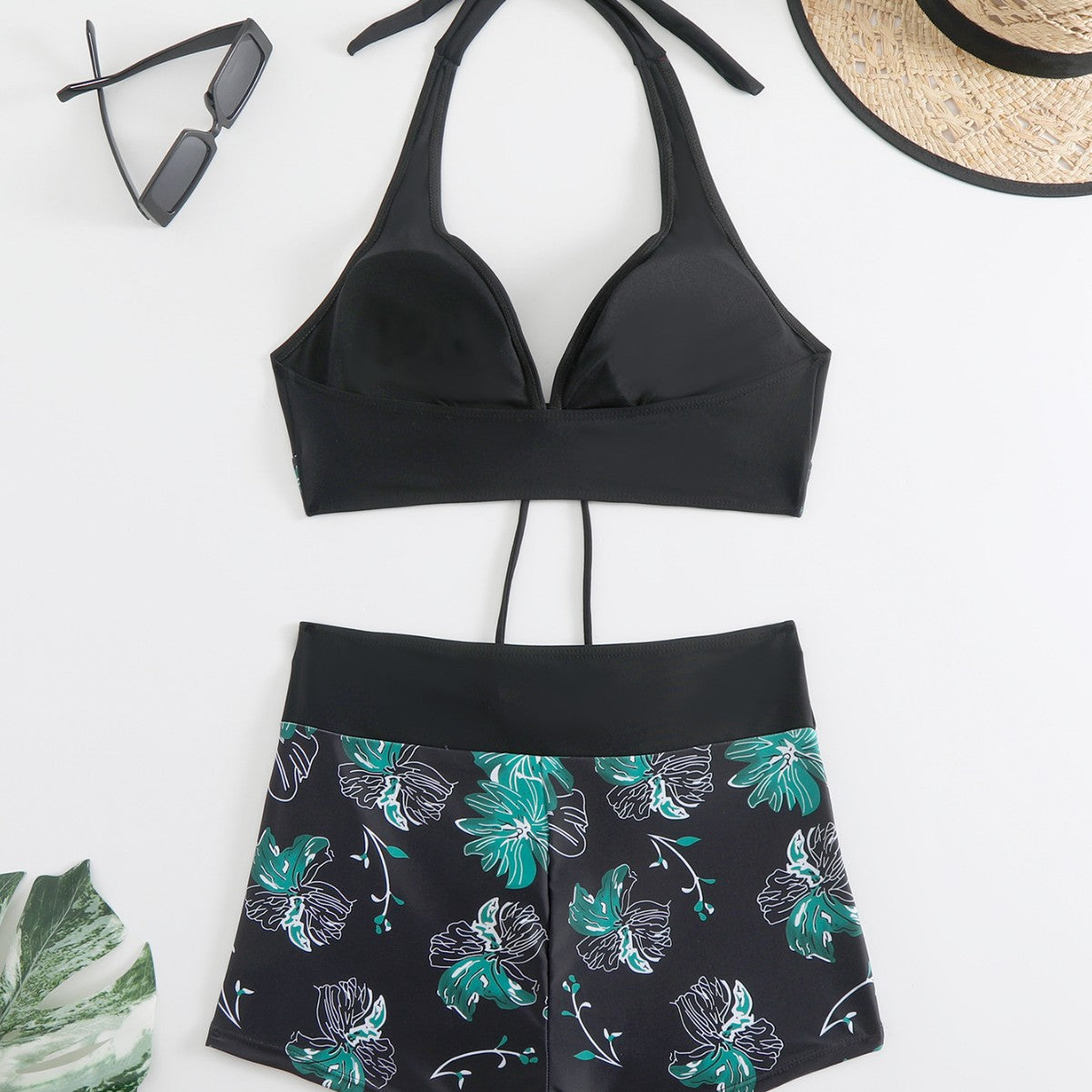 New Women's Split High-Waist Printed Bikini with Boxer Bottoms