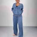 Round-Neck Patchwork Cardigan Top and Wide-Leg Pants Women's Casual Two-Piece Set