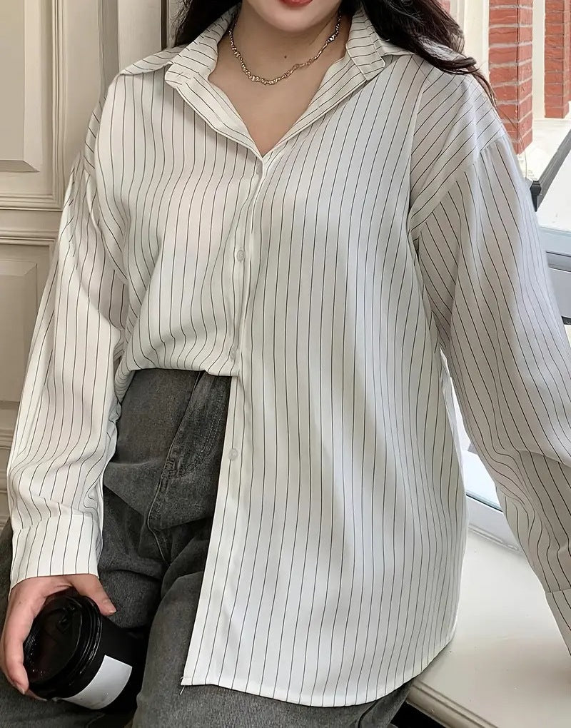 Women's Plus Size Long Sleeve Loose Fit Button-Up Shirt – Casual Everyday Comfort Top