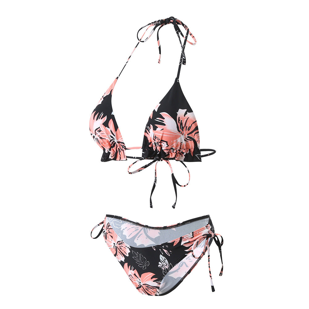 New Digital Print Double Shoulder Halter Strap Bikini Two-Piece Swimsuit for Women