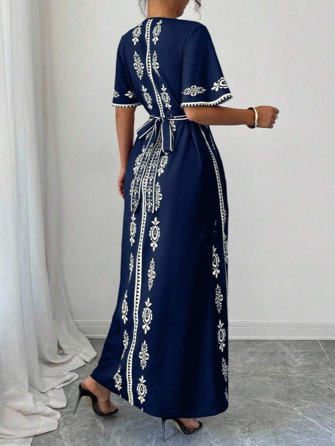 Fashion Printed Women's Summer Dress – Elegant Short Sleeve Waist-Cinching Slim Fit Casual Midi Dress