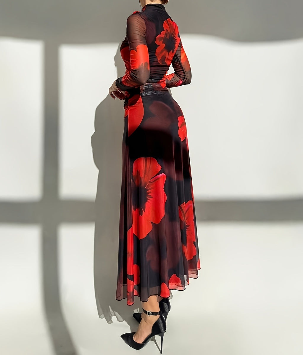 Women's Autumn Floral Print Mesh Panel Long Sleeve Slim Fit Elegant Midi Dress