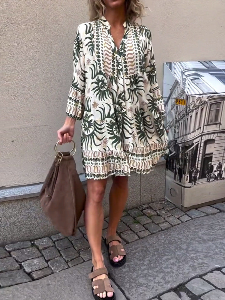 omen’s Printed V-Neck Long Sleeve Loose Casual Dress