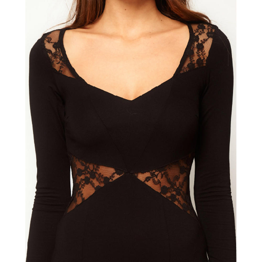 Women Full Sleeve Lace Elastic Waist Dress