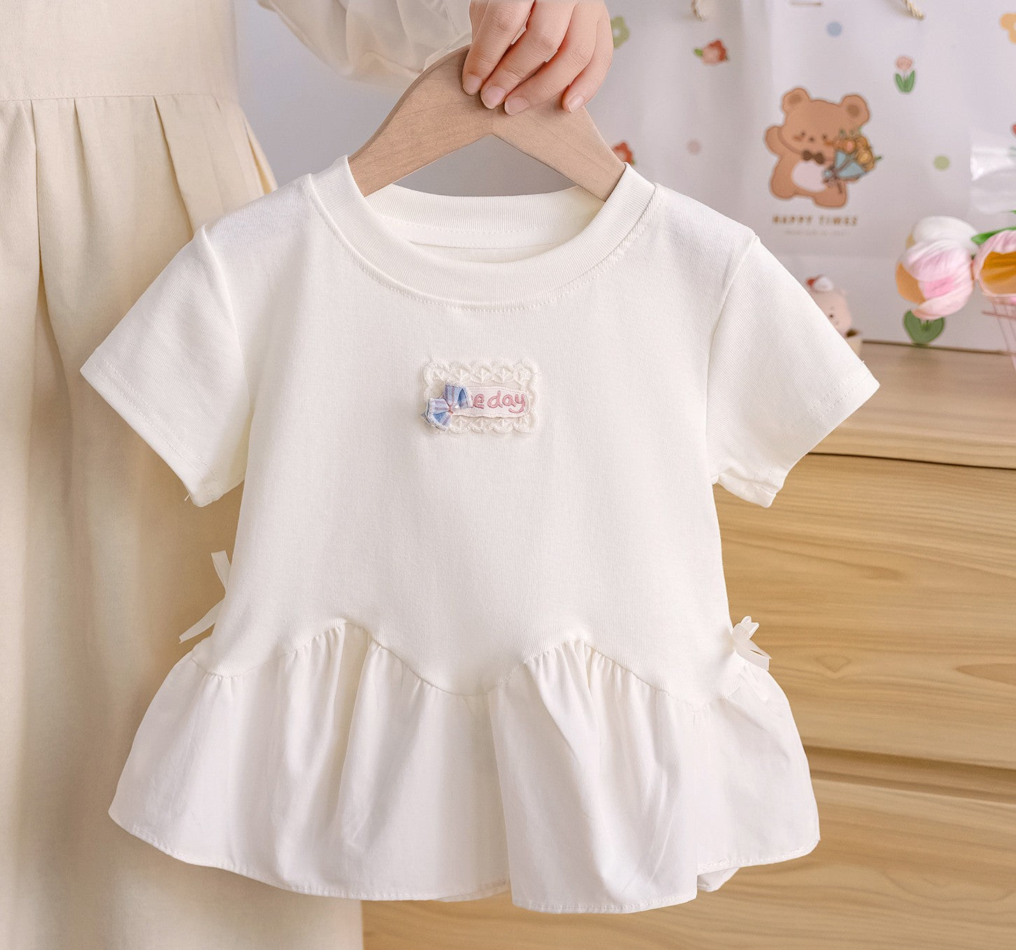 Girls Summer Short Sleeve Lace Trim T-Shirt - RAC26JP5443BATDAS