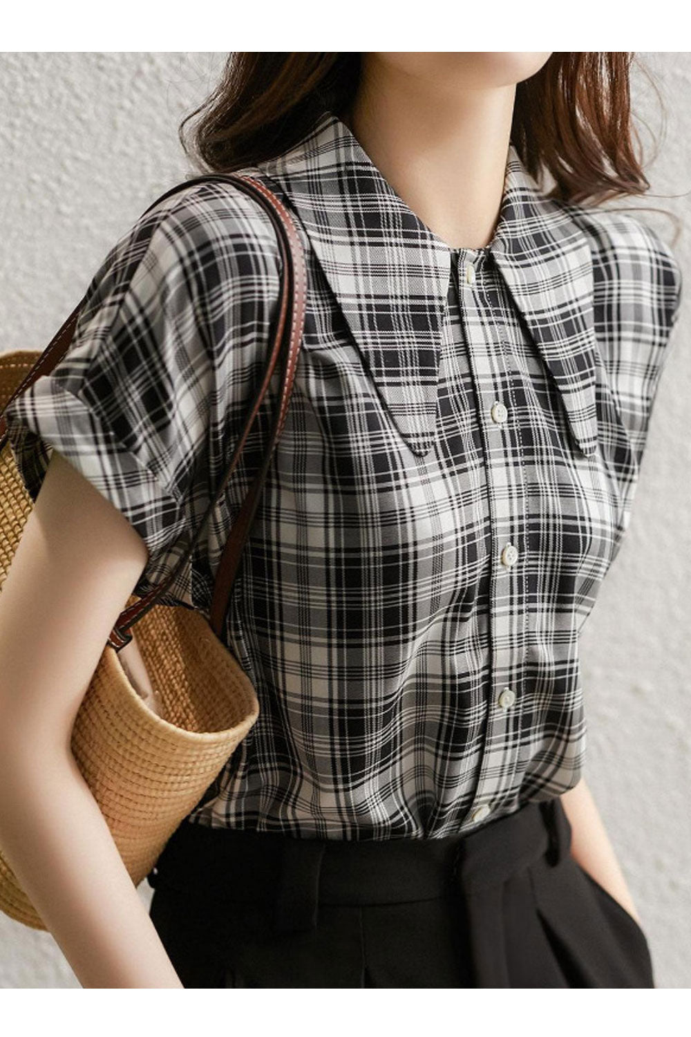 Women's Collar Design Silk Short-Sleeved Top Shirt Summer Style