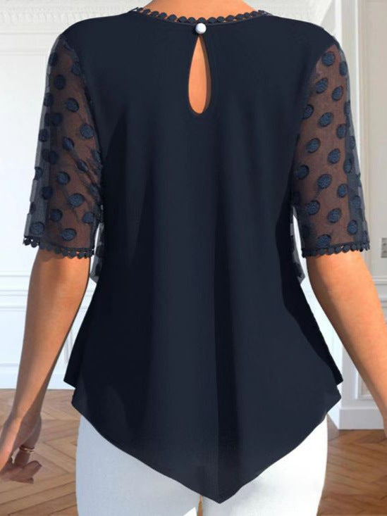 Summer New Loose Fit Round Neck Short-Sleeved Double-Layer Craft Design Top for Women