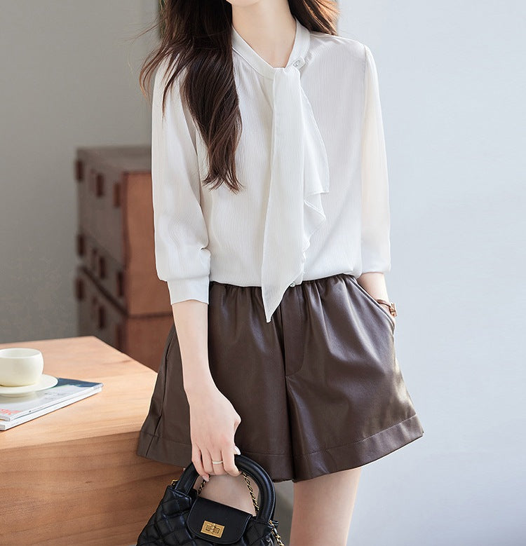 Women's Elegant Ribbon-Tie Long Sleeve Shirt - Premium Spring & Autumn Fashion Blouse
