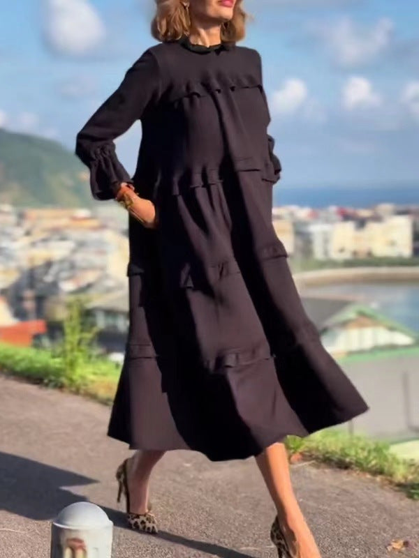 Women's Long-Sleeved Splicing Round Neck Ruffle Dress