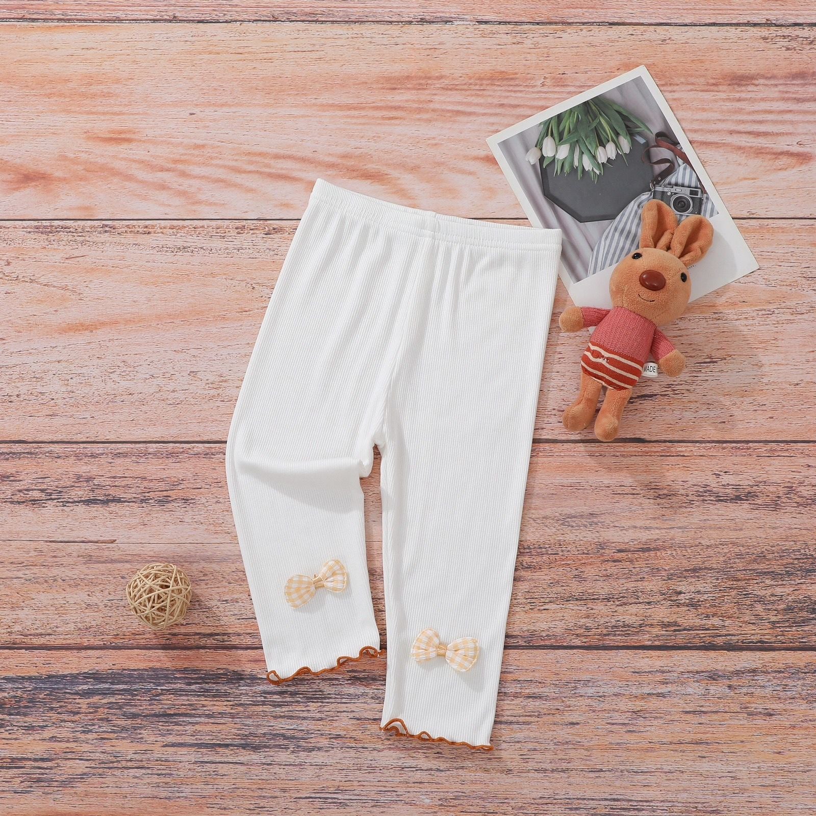 Girls’ Summer Leggings with Bow Detail – Modal Ruffle Cropped Pants, Soft & Breathable Everyday Wear - RAC26JP5426BATB