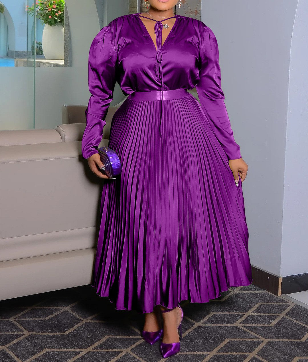 Autumn New Women’s Elegant Pleated Lace-Up Long-Sleeved Dress Set