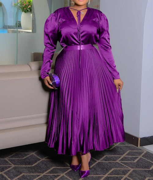 Autumn New Women’s Elegant Pleated Lace-Up Long-Sleeved Dress Set