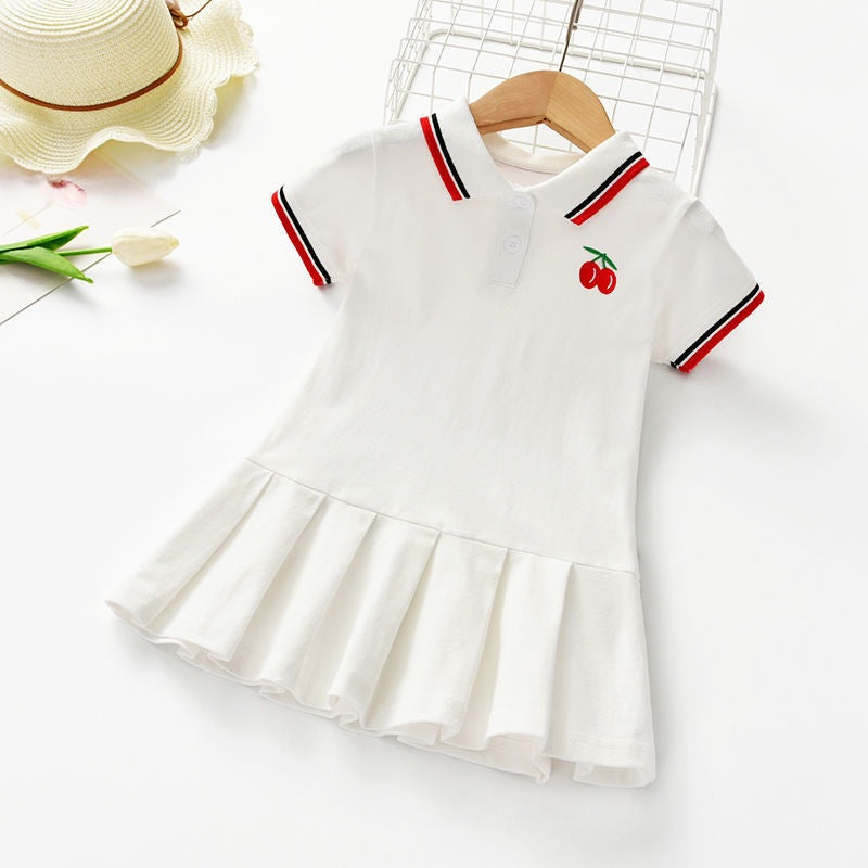 Girls’ Summer Dress – Cherry Color-Matching Polo Lapel Princess Pleated Skirt Dress - RAC26JP5447BATDAS