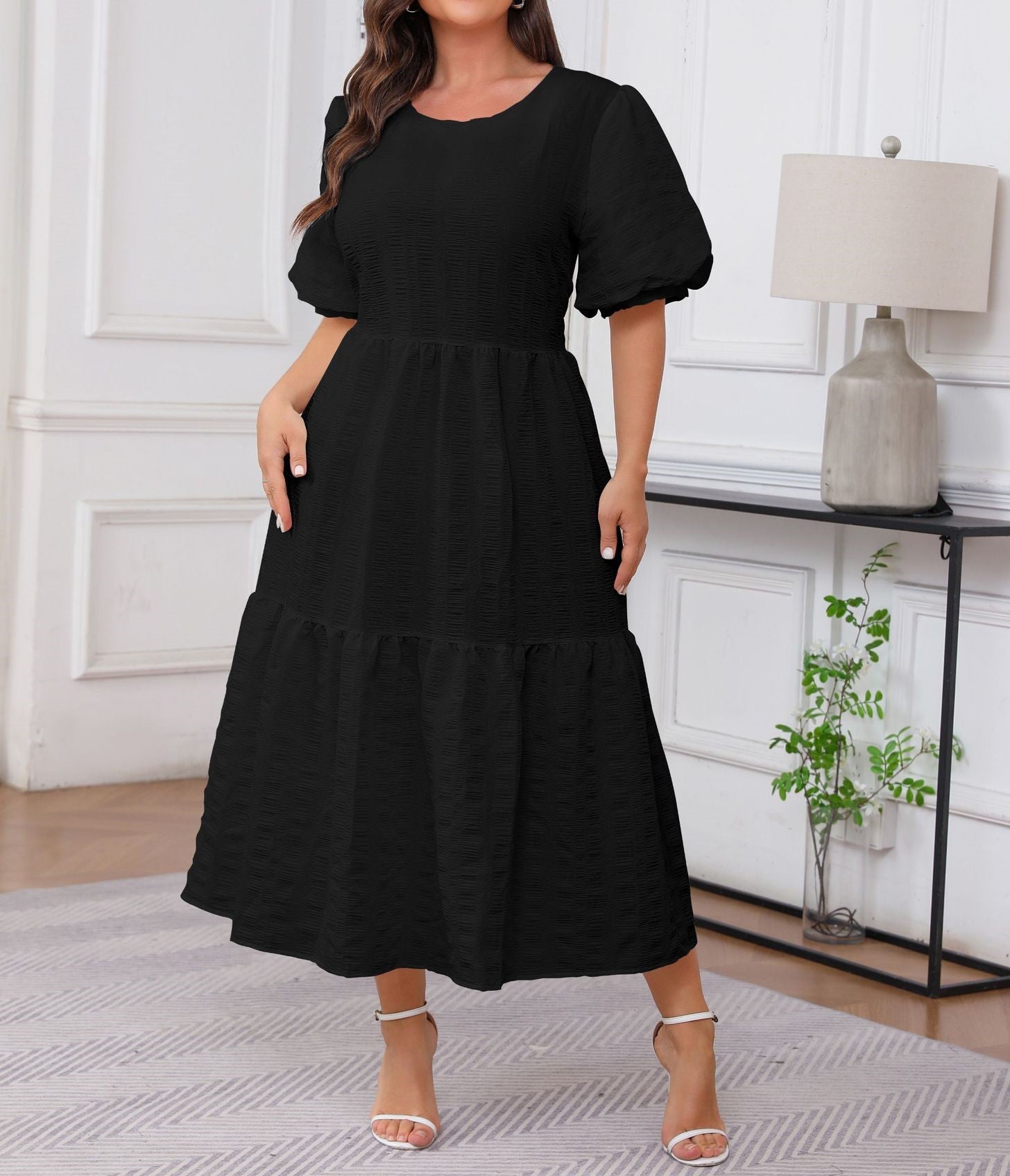 Plus Size Women's Crewneck Fold Layered Bohemian Style Midi Dress Casual Comfortable Everyday Wear