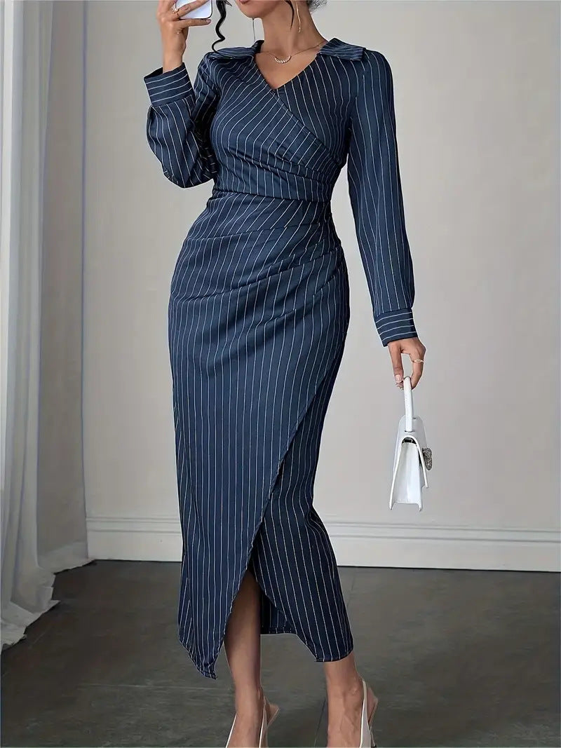 Women's Elegant Striped Irregular Hem Long Dress with Waist-Defining Fit and Long Skirt