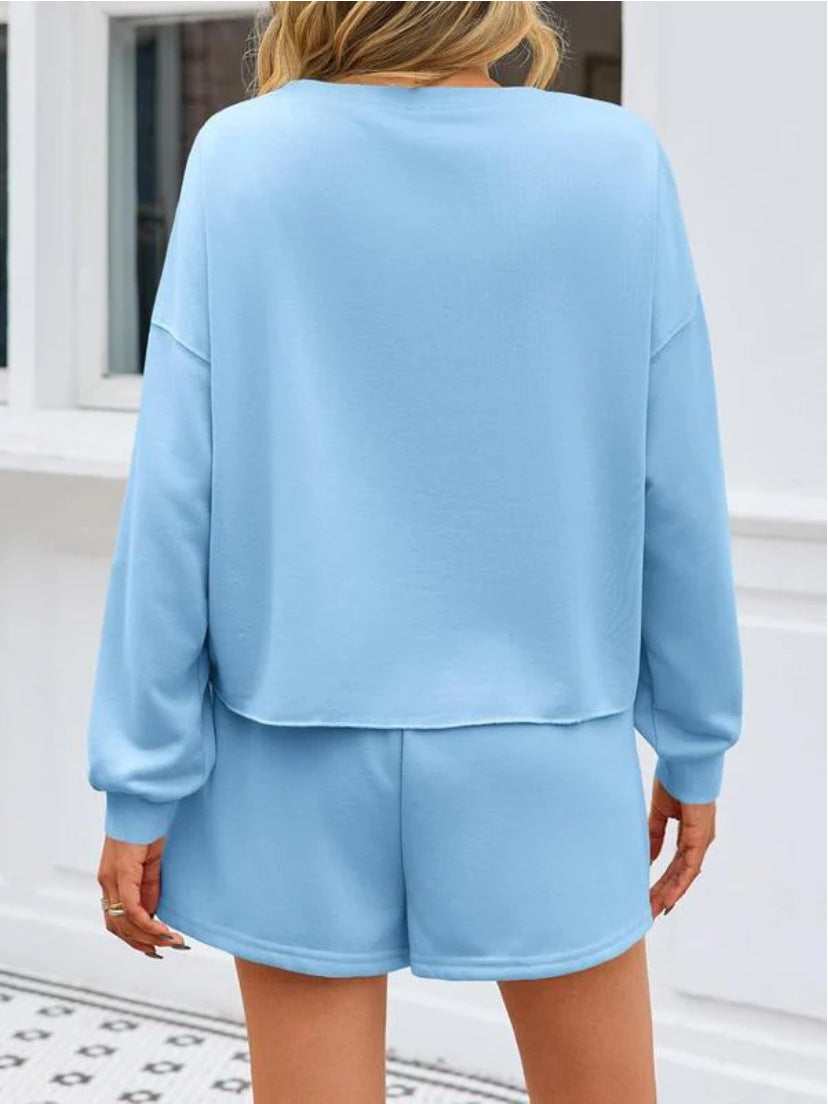 Women's Summer Elegant Versatile Round Neck Long-Sleeved Solid Color Pearl Accent Two-Piece Suit
