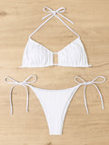Solid Color Drawstring Lace-Up Halter Bikini Split Swimsuit