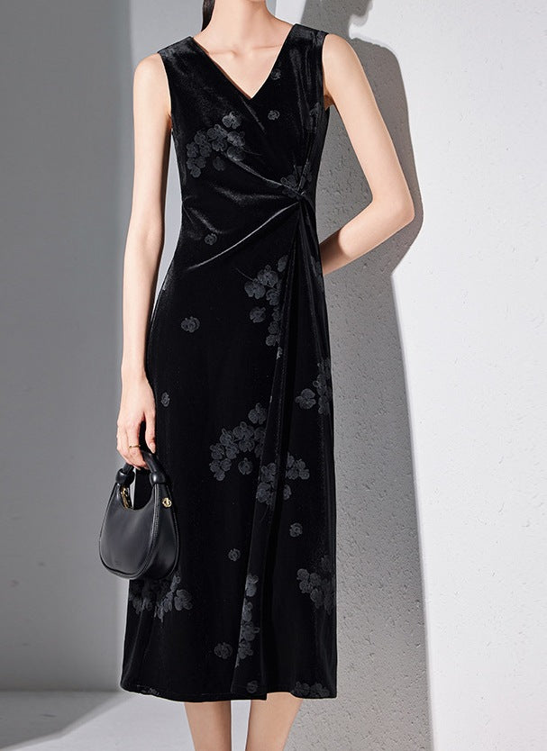 High-End Gold Velvet Black Suspender Slim Dress
