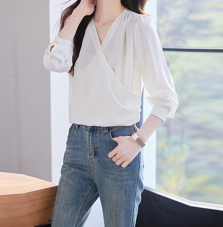 Women's Spring & Autumn Apricot V-Neck Long Sleeve Top