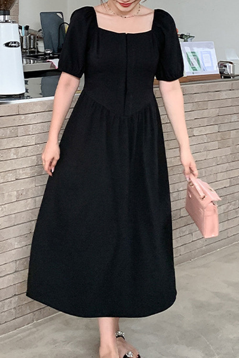 Women Plus New Design Fashionable Square Collar Short Puff Sleeves Solid Color Pattern Sweet Wind Style Summer Temperament Fat m