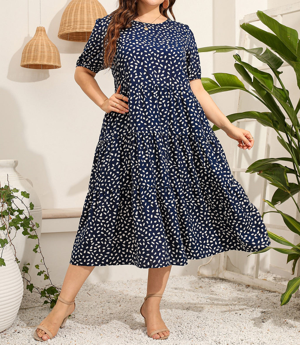 Women's Plus Size Irregular Polka Dot Short Sleeve Maxi Dress, Loose Fit Round Neck Casual Long Swing Dress