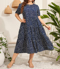 Women's Plus Size Irregular Polka Dot Short Sleeve Maxi Dress, Loose Fit Round Neck Casual Long Swing Dress