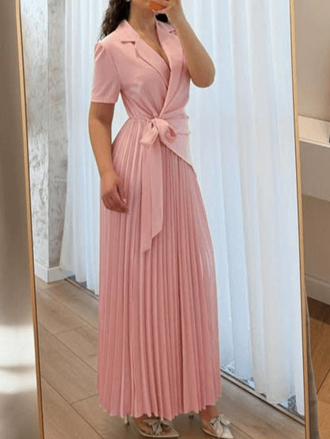 Pink Pleated Long Dress for Women | Tie Waist Maxi Dress | Elegant Solid Color Slim Fit Flowy Party & Casual Dress