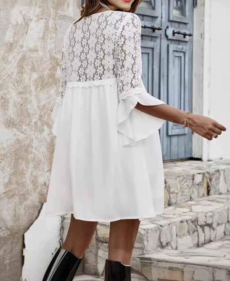 Summer V-Neck Lace Patchwork Dress for Women – Lightweight Elegant Casual Dress