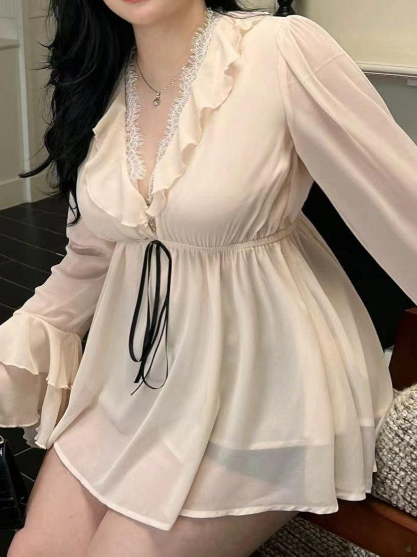 Women's Long Sleeve V Neck Lace High-Waisted Top