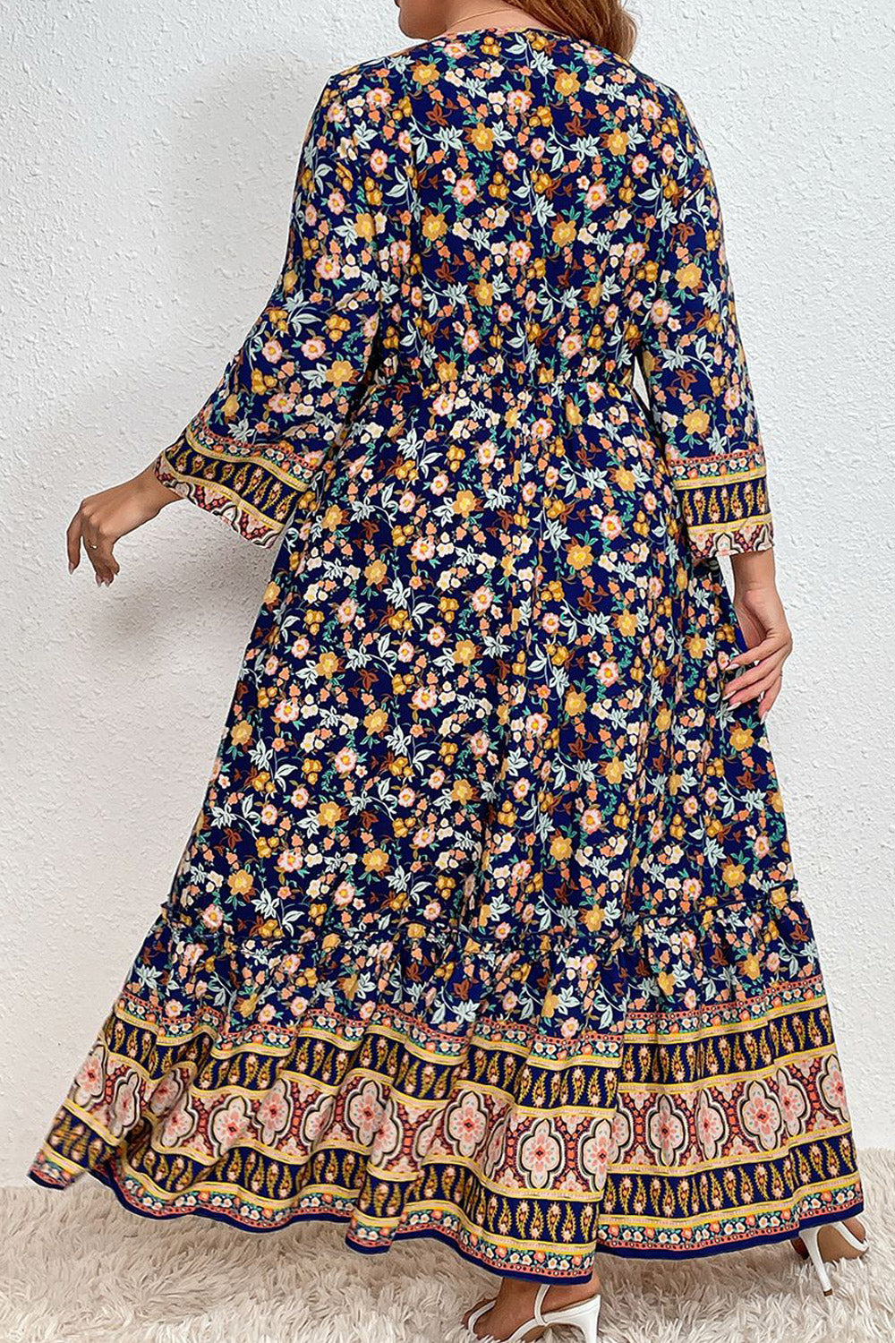 Women Plus Long Sleeve Floral Print High Waist Maxi Dress