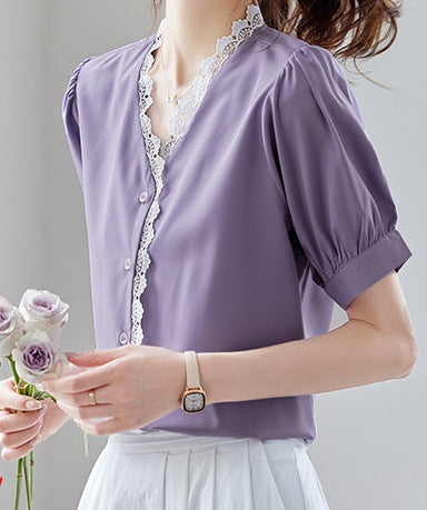 Women's White Lace Shirt - Short-Sleeved Lightweight Summer Top