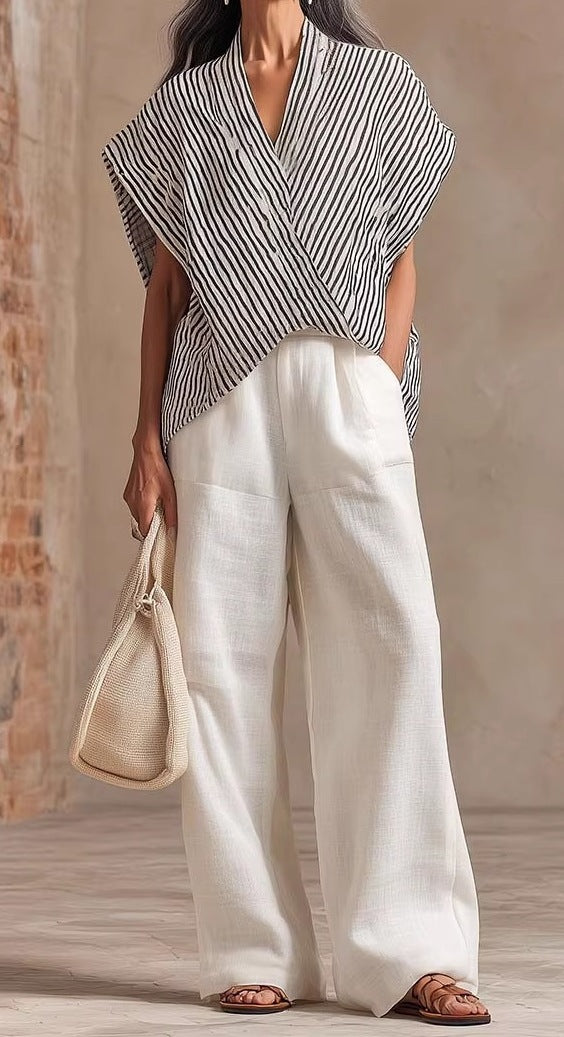 Women's Summer Casual Wide-Leg Pants Two-Piece Set – Short Sleeve Relaxed Outfit