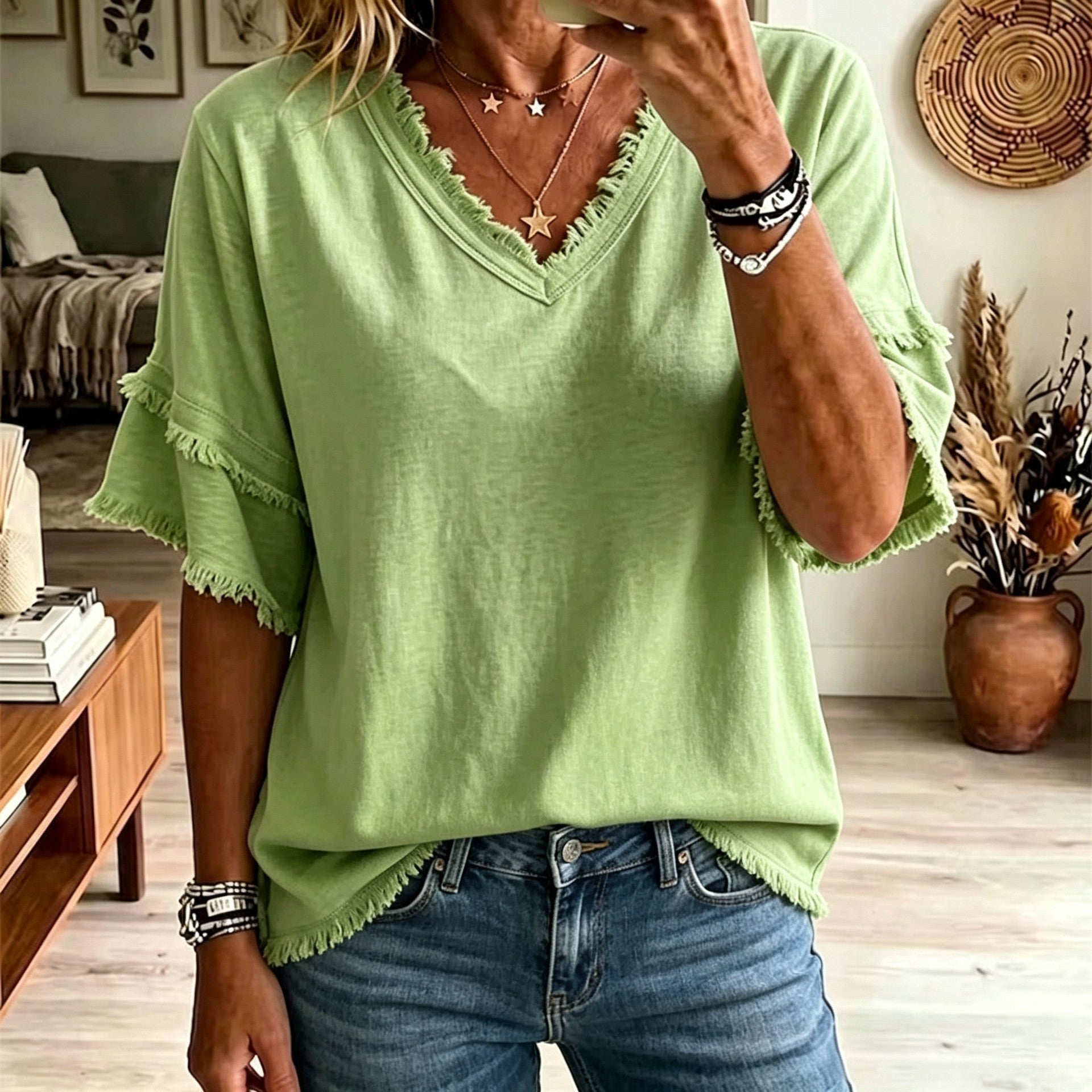 Summer Casual V-Neck Fringed Patchwork Short-Sleeve Loose-Fit Top for Women