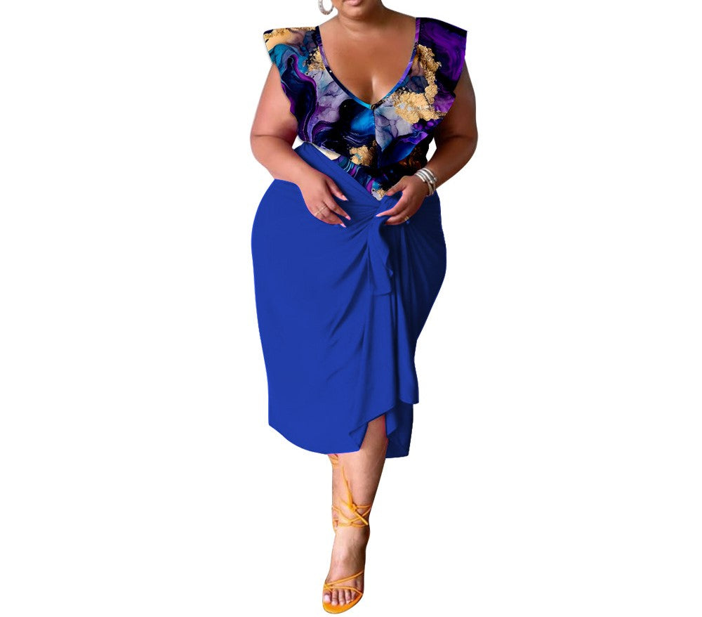 Women's Plus Size Casual V-Neck Printed Jumpsuit Top & Skirt Set – Trendy Two-Piece Outfit